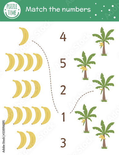 Matching game with bananas and palm trees. Tropical math activity for preschool children. Tropic counting worksheet. Educational riddle with cute funny elements. Simple summer game for kids.