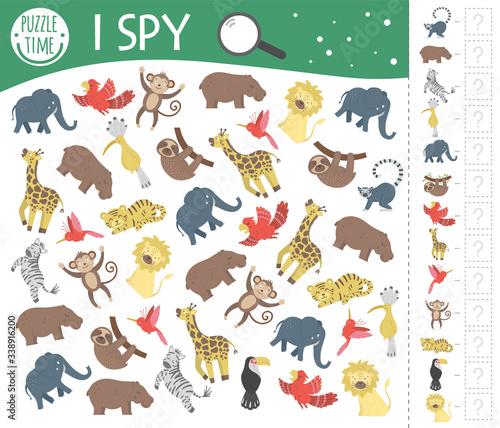 Tropical I spy game for kids. Exotic searching and counting activity for preschool children with cute animals. Funny jungle game for kids. Logical quiz printable worksheet. Simple summer game..