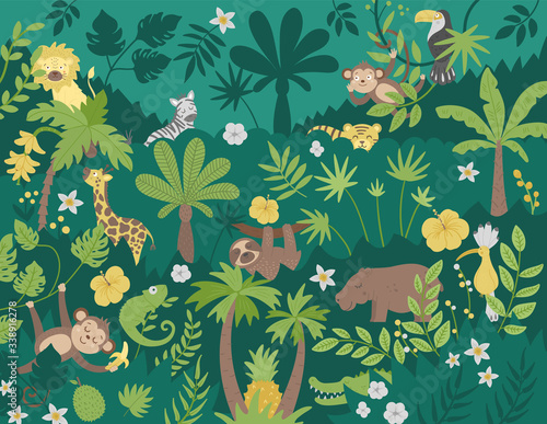 ector background with cute exotic animals, leaves, flowers, fruits. Funny tropical scene with birds and plants. Bright flat illustration for children. Jungle summer clip art.
