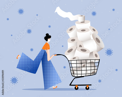 Woman wearing face mask and surgical gloves panic buying full shopping cart of toilet paper during the coronavirus crisis. Covid-19 pandemic concept flat vector illustration. 