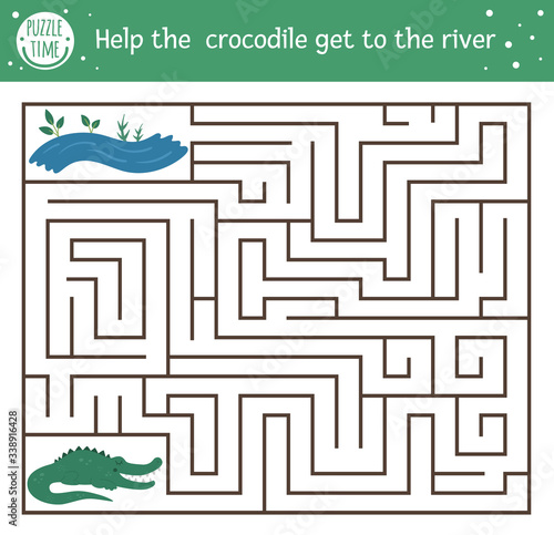 Tropical maze for children. Preschool exotic activity. Funny jungle puzzle. Help the crocodile get to the river. Simple summer game for kids.