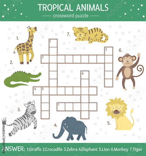 Vector summer crossword puzzle for kids. Simple quiz with tropical animals for children. Educational jungle activity with cute funny characters.