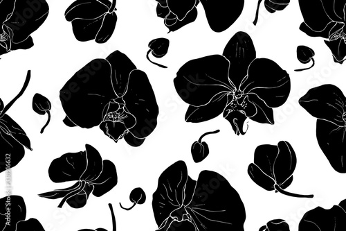 Vector floral seamless pattern with black silhouettes of orchid flowers on white background.Hand drawn. Tropical plants for design  textile  print  wallpapers  wrapping paper. Stock illustration.