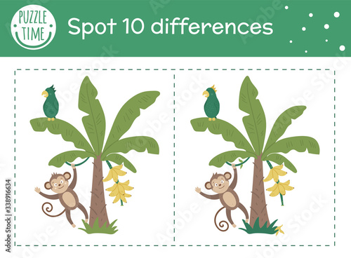 Tropical find differences game for children. Summer tropic preschool activity with monkey hanging on liana on banana tree. Puzzle with cute funny smiling characters..
