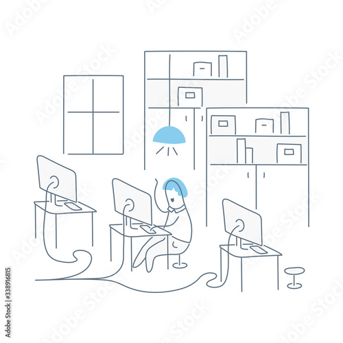Workaholic sitting lonely in the empty office and working with computer late at night. Hard worker manager or developer. Flat line workaholic icon concept on white.