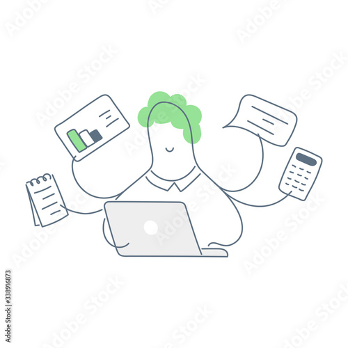 Multi-tool businessman with four hands,  effective management, multitasking, and time management concept. Flat line clean vector illustration on white.
