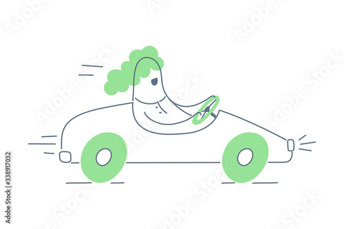 Cartoon woman flies at the wheel of a racing car. Urgent task, quick decisions, fast service, high speed, manufacturability, and simplicity. Flat line vector illustration concept on white.