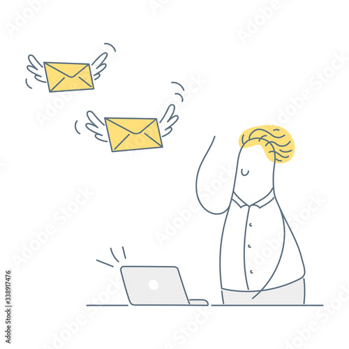 Remote communication, sending emails or sms. Flying letters envelopes with wings. Cute cartoon businessman waving them goodbye or trying to catch them. Flat line vector illustration on white.