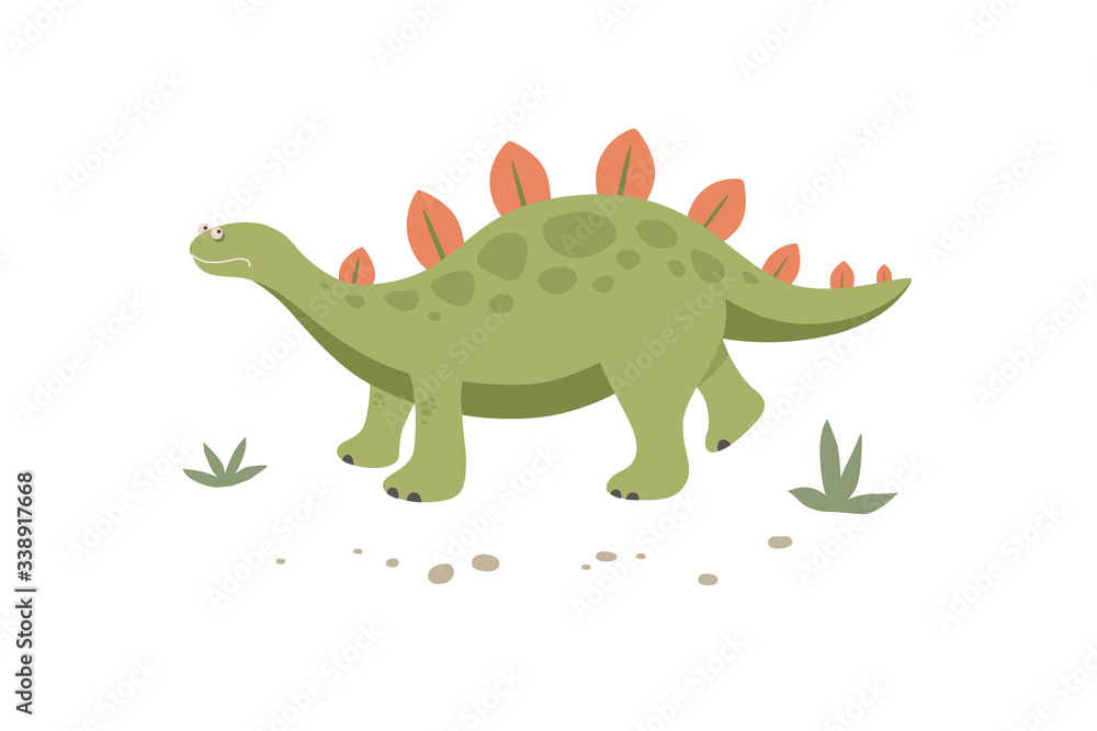 Fototapeta premium Funny green stegosaurus walks in the grass. Cute dinosaur isolated on a white background. Funny prehistoric animal of the Jurassic period. Colorful cartoon vector illustration in flat style.