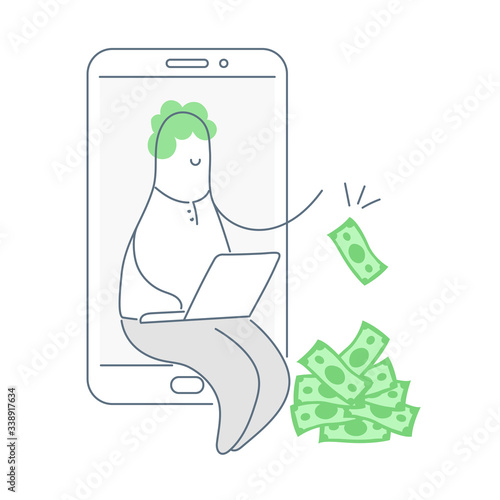 Earn money online, remote work, mobile marketing. Cute cartoon man sitting on the phone display and puts money in a pile. Flat line vector illustration on white.