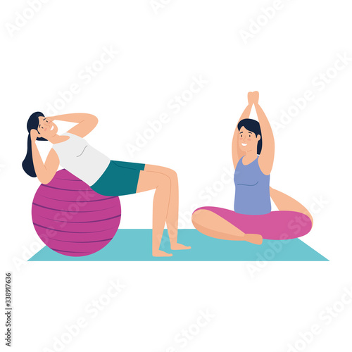 women practicing yoga and pilates vector illustration design