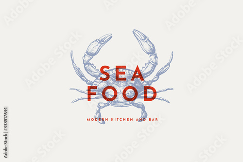 Logo template with an image of a crab drawn by graphic lines on a light background. Retro emblem for the menu of fish restaurants  markets and shops. Vector vintage engraving illustration.