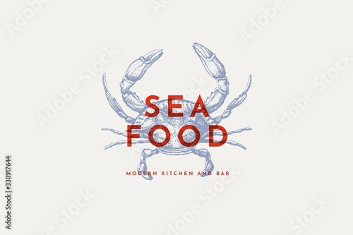 Logo template with an image of a crab drawn by graphic lines on a light background. Retro emblem for the menu of fish restaurants, markets and shops. Vector vintage engraving illustration.