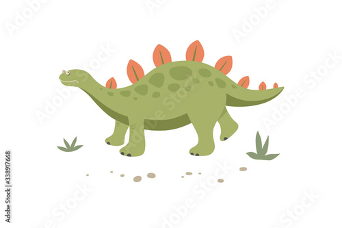 Funny green stegosaurus walks in the grass. Cute dinosaur isolated on a white background. Funny prehistoric animal of the Jurassic period. Colorful cartoon vector illustration in flat style.