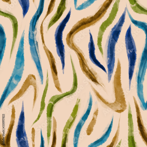 Seamless Zebra pattern for textile design. Artistic animal skin. Watercolor texture. Abstract hand drawn illustration with curved stripes, artwork.