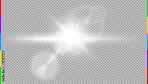 Vector transparent sunlight special lens flare light effect. Sun rays and spotlight. Abstract front sun translucent design. Blur glow glare. Isolated semitransparent background. Horizontal star burst