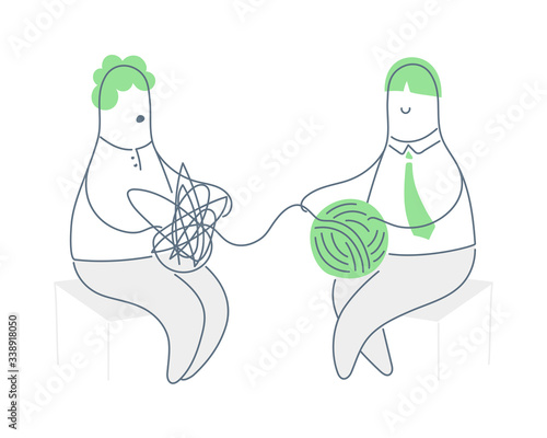 Psychologist and patient. Psychotherapy practice, female psychiatrist consulting patient, psychologist with tangled and untangled brain metaphor. Flat line vector icon