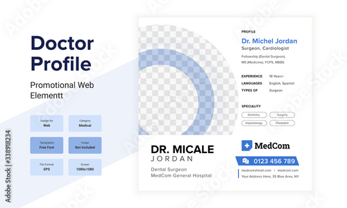 Medical Healthcare Doctor profile social media web design layout with a blue color scheme.  Doctor profile web post design layout with a graphical element.
