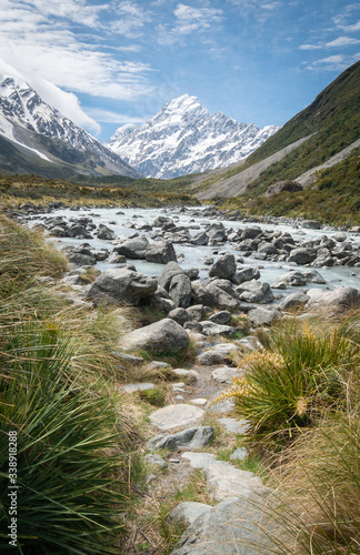 Wallpaper Mural Portrait shot of alpine valley with impressive peak on its end (Mt Cook) with glacial river used as leading line. Shot at Aoraki / Mt Cook National Park, New Zealand Torontodigital.ca