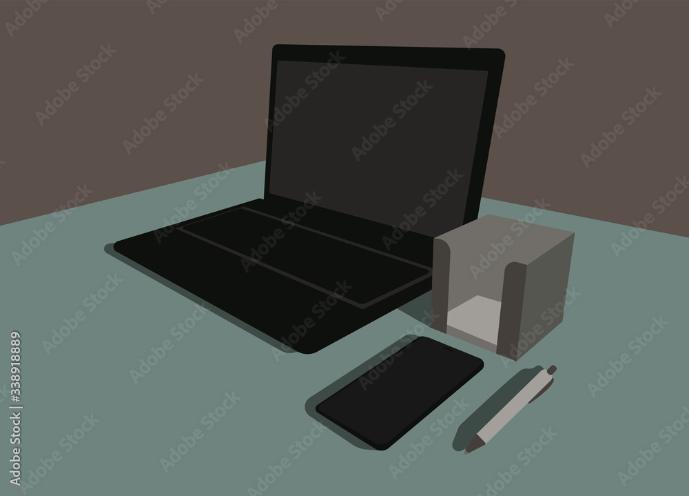 Laptop, smartphone, notepad, pen on the table. The workplace of a business person. Color vector illustration. Laptop, smartphone, notepad, pen on the table. The workplace of a business person. Color vector illustration.
