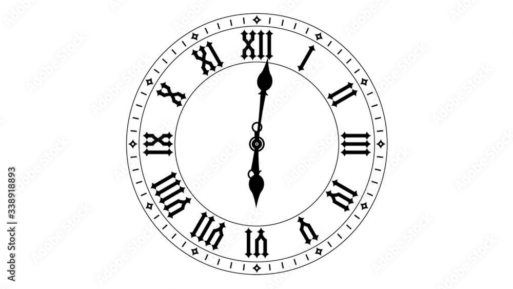 Round clock loop motion from noon to midnight. Roman numerals on flat black clock face. Animated 4k video Round clock loop motion from noon to midnight. Roman numerals on flat black clock face. Animated 4k video