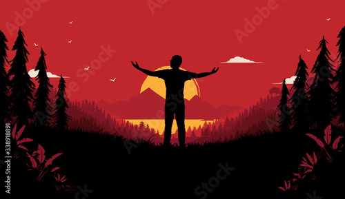 Freedom illustration. Person standing alone in nature with beautiful view, holding arms out, embracing the sunrise. True happiness, being free, and bright future concept in powerful colours. Vector.