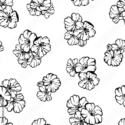 Hand drawn seamless pattern vector of black and white spring sakura, flowers, blooming floral elements. Ink doodle sketch illustration for design cards, invitations, wallpaper, wrapping paper, fabric