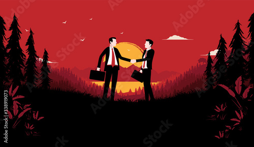 Shady deal in a secret place. Two businessmen shaking hands with briefcases alone in forest a late evening. Blood red sky and sunset in background. Corrupt business concept. Vector illustration. photo