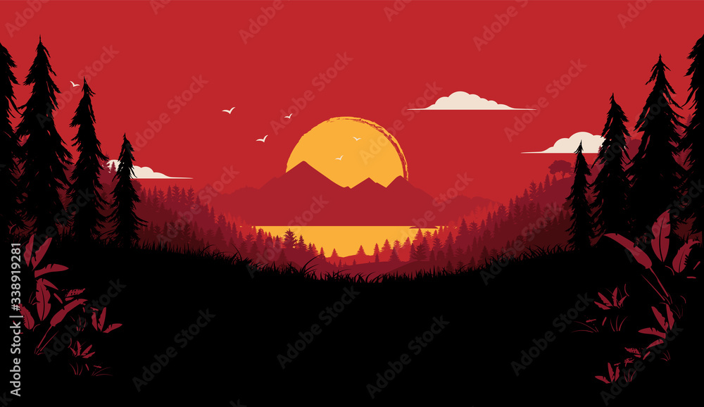 Wilderness vector illustration - dramatic nature background with big  sunset, forest and view of sea and mountains. Dark and red colours. Stock  Vector | Adobe Stock