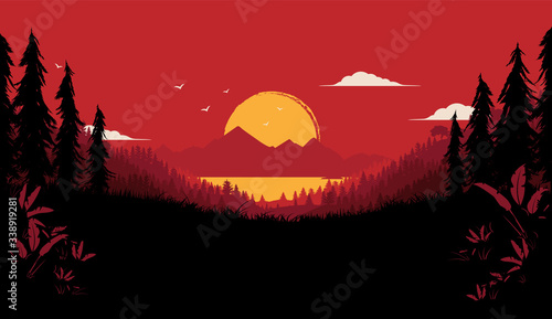 Wilderness vector illustration - dramatic nature background with big sunset  forest and view of sea and mountains. Dark and red colours.