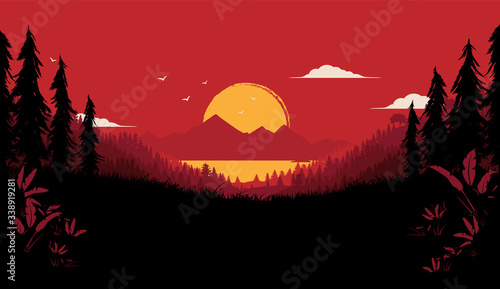 Wilderness vector illustration - dramatic nature background with big sunset, forest and view of sea and mountains. Dark and red colours.