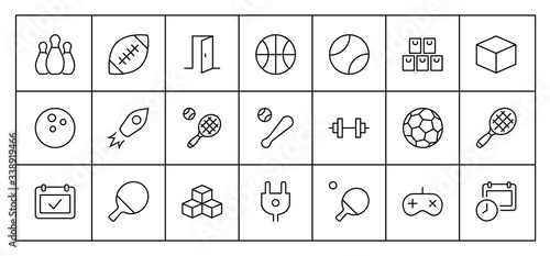 Set of Sports balls, hobbies, entertainment vector line icons. It contains symbols of football, basketball, bowling, tennis and much more. Editable Stroke. 32x32 pixels.