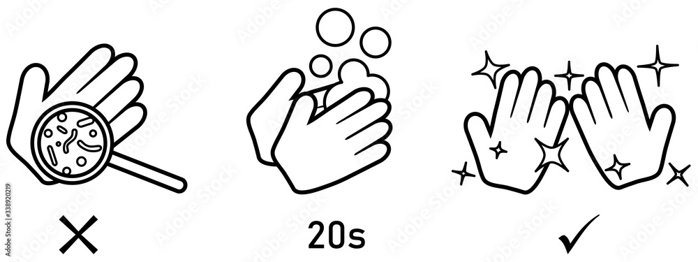 Fototapeta premium Wash your hands for 20 seconds with soap to kill germs and viruses icon. Can be used during coronavirus covid-19 virus outbreak prevention