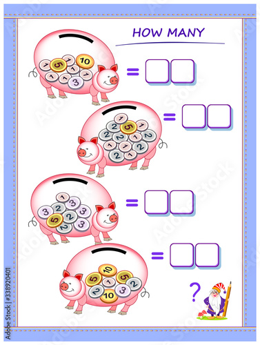 Educational page for children on addition. Count how much money there are in each piggy bank. Count the sum and write the numbers. Printable worksheet for kids math school textbook. Exercise book.