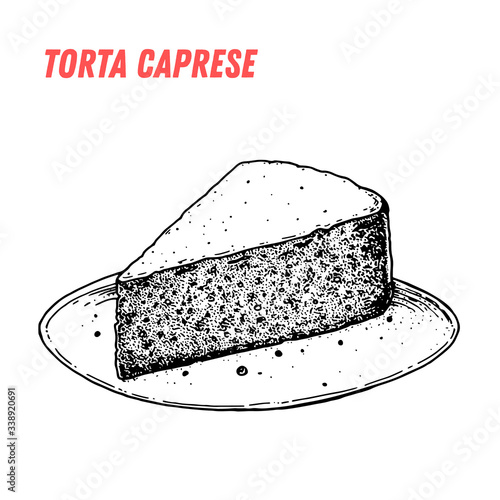 Torta caprese sketch. Italian dessert vector illustration. Italian sweet hand drawn sketch. Vintage design template.