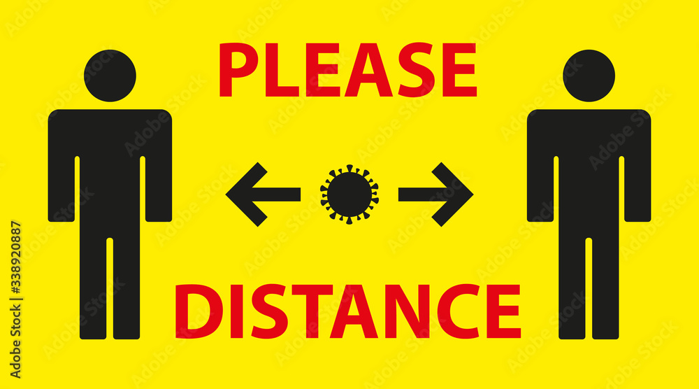 yellow warning sign reminding you of the importance of maintaining distance between people to protect against Coronavirus or Covid-19. Providing safe social distance. Vector illustration yellow warning sign reminding you of the importance of maintaining distance between people to protect against Coronavirus or Covid-19. Providing safe social distance. Vector illustration