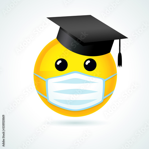 Emoji smile in academic cap & medical guard mouth mask. Yellow smiling emoticon wearing a white surgical mask. Vector joy icon