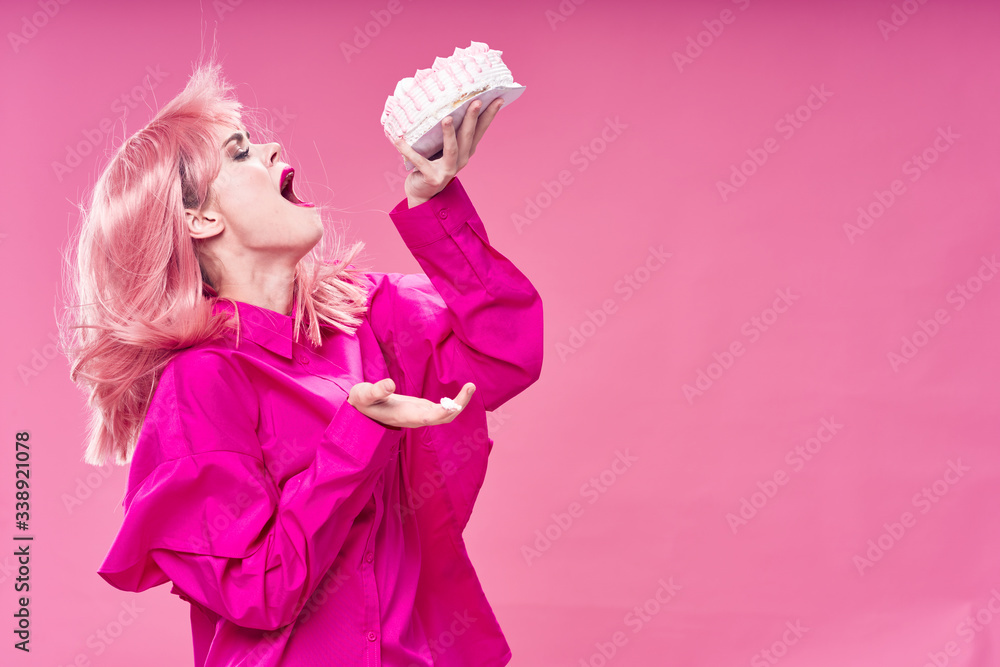Glamorous woman pink hair cake enjoyment sweets