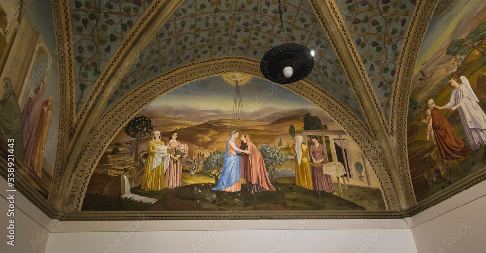Obraz premium Ein Karem, Jerusalem, Israel, January 29, 2020: Fresco depicting the meeting of Mary with Elizabeth at the Sanctuary of the Visitation in En Kerem