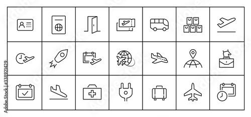 Set of Airport Related Vector Line Icons. Contains such Icons as Globe, Departure, Plane, Bus, Tickets, Baggage Claim, Calendar, Kit and more. Editable Stroke. 32x32 Pixels.