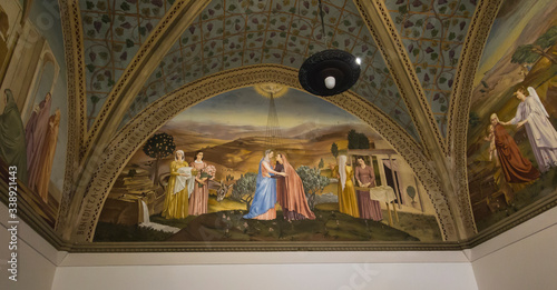 Ein Karem, Jerusalem, Israel, January 29, 2020: Fresco depicting the meeting of Mary with Elizabeth at the Sanctuary of the Visitation in En Kerem photo