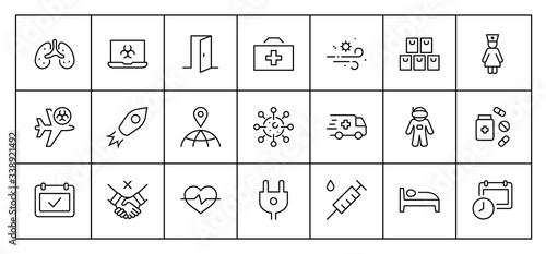Set of Coronavirus Protection Vector Line Icon. Contains such Icons as Ambulance, Novel CoronaVirus, Protective Measures, Symptoms, Incubation Period and more. 32x32 Pixels. Editable Stroke