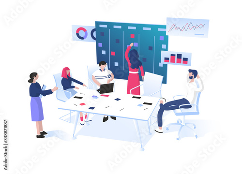 Agile methodology: SCRUM or Kanban for project management concept. Teamwork. Group of workers sitting around table and discussing near the task board with sticky notes.  Flat vector illustration. 
