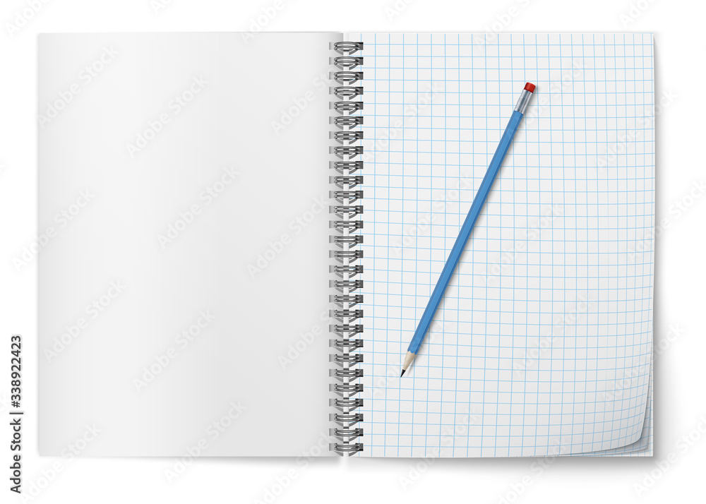 Realistic vector open horozontal spiral notepad and blue pencil . Realistic vector open horozontal spiral notepad and blue pencil .