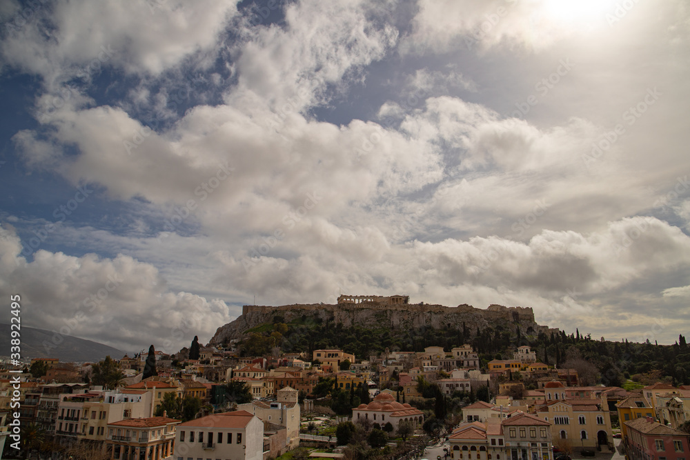 view of the city of Athens in Greece and the Parthenon