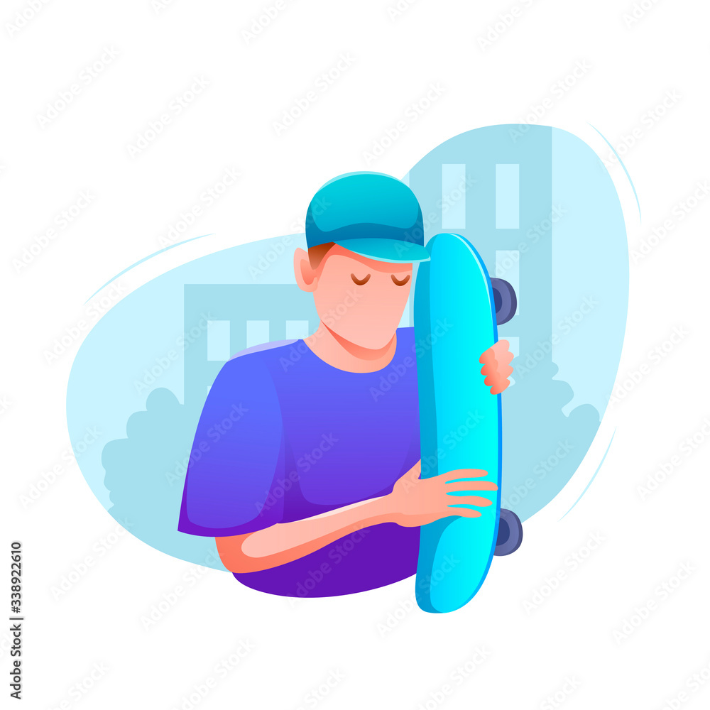 Sports banner flat design isolated. Young man in cap with skateboard in city street. Active entertainment and extreme sports. Modern vector illustration. Sports banner flat design isolated. Young man in cap with skateboard in city street. Active entertainment and extreme sports. Modern vector illustration.
