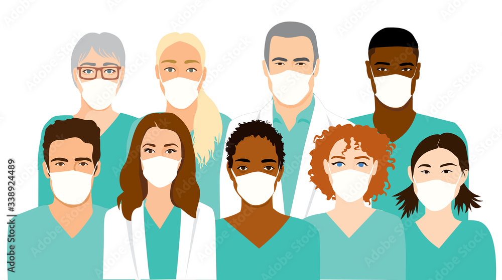 Group of diverse medical professionals wearing protective face masks, doctors and nurses in scrubs. Vector illustration.
Group of diverse medical professionals wearing protective face masks, doctors and nurses in scrubs. Vector illustration.