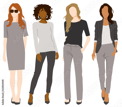 Flat Digital Illustration Vector People Adults Fashion Business People Office Attire - 4 businesswomen - simple faceless flat vector illustration photo