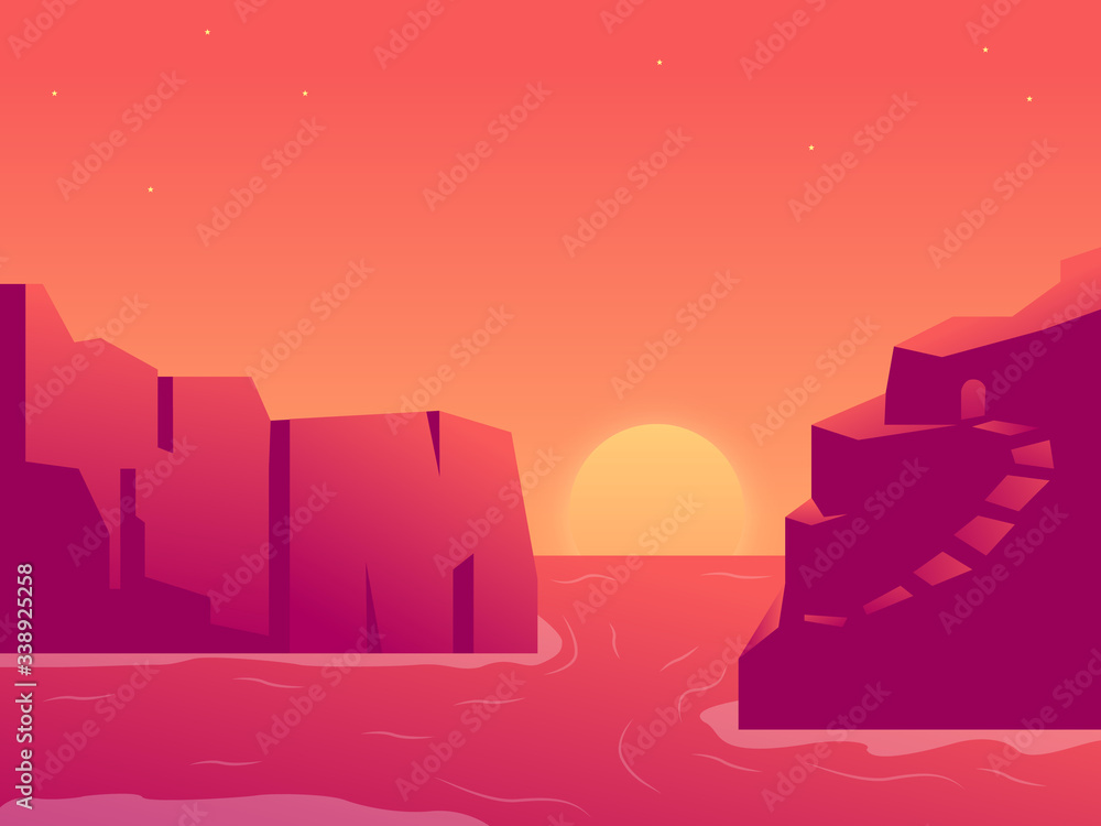 landscape background. Evening or morning view Cartoon vector illustration. Sunset or sunrise in ocean, nature pink clouds flying in sky to shining sun above sea with rocks sticking up of water surface landscape background. Evening or morning view Cartoon vector illustration. Sunset or sunrise in ocean, nature pink clouds flying in sky to shining sun above sea with rocks sticking up of water surface