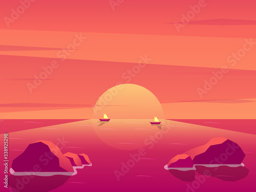 landscape background. Evening or morning view Cartoon vector illustration. Sunset or sunrise in ocean  nature pink clouds flying in sky to shining sun above sea with rocks sticking up of water surface